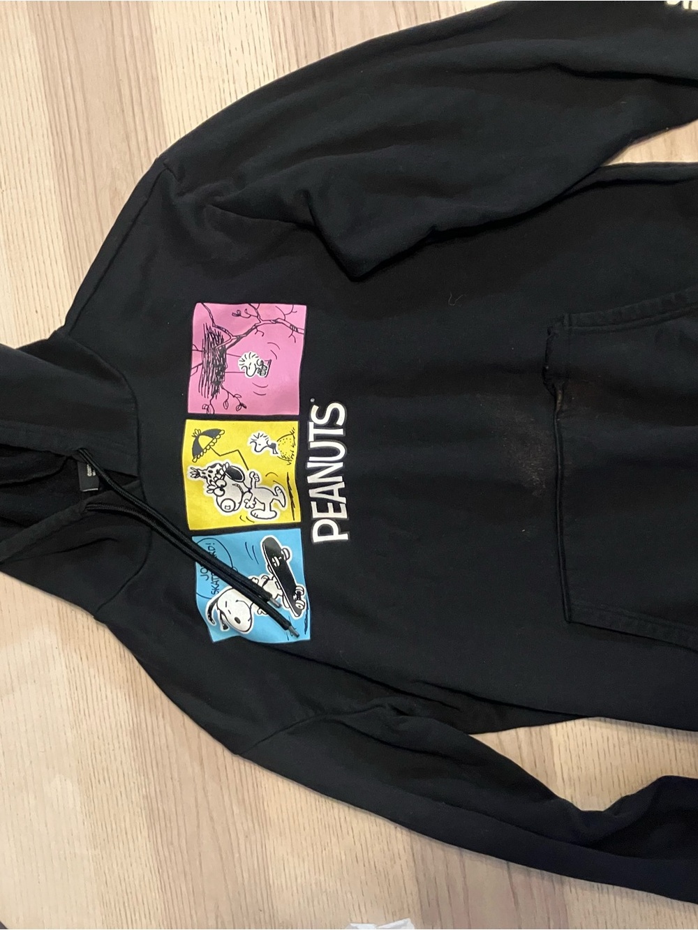 Peanuts Black Pullover Hoodie with Pink, Yellow & Blue Comic Panels